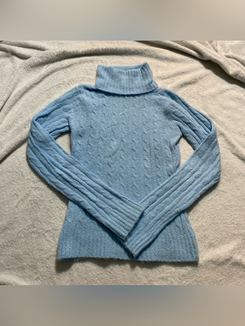 Cozy Light Blue Cable Knit Turtleneck Sweater